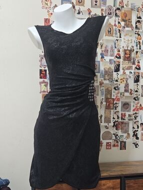 Alyssa Paris Black Glitter Leopard Asymmetric Slit Rouched Cocktail Dress